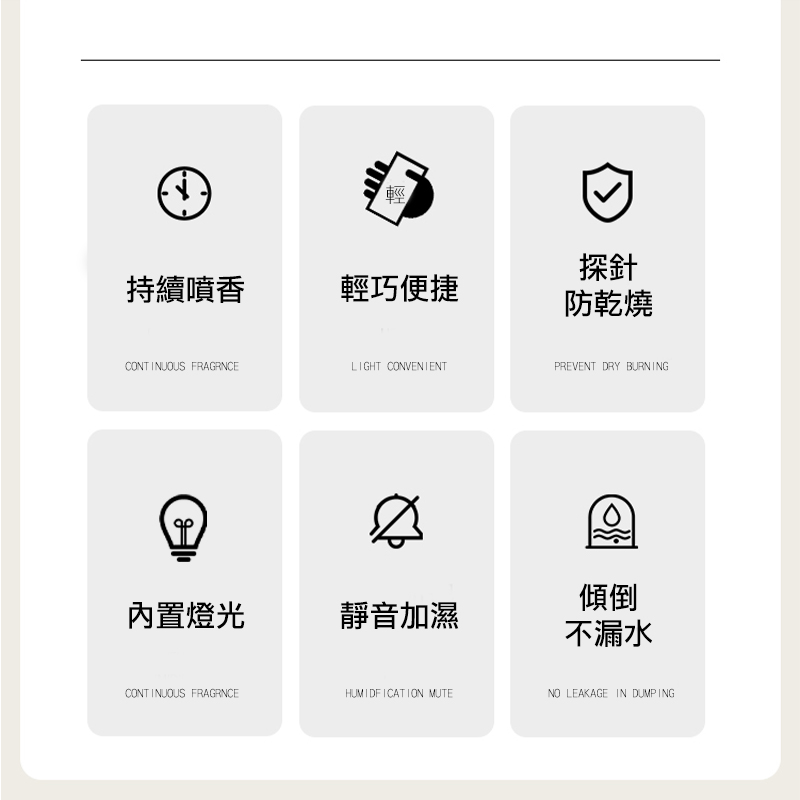 持續噴香輕巧便捷探針防乾燒CONTINUOUS FRAGRNCELIGHT CONVENIENTPREVENT DRY BURNING內置燈光靜音加濕傾倒不漏水CONTINUOUS FRAGRNCE MUTENO LEAKAGE IN DUMPING