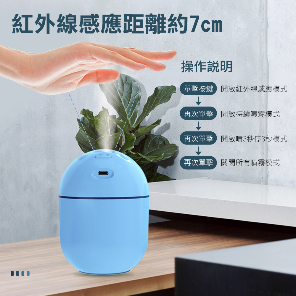 紅外線感應距離約7cm操作單擊按鍵開啟紅外線感應模式再次單擊開啟持續噴霧模式再次單擊開啟噴3秒停3秒模式再次單擊關閉所有噴霧模式