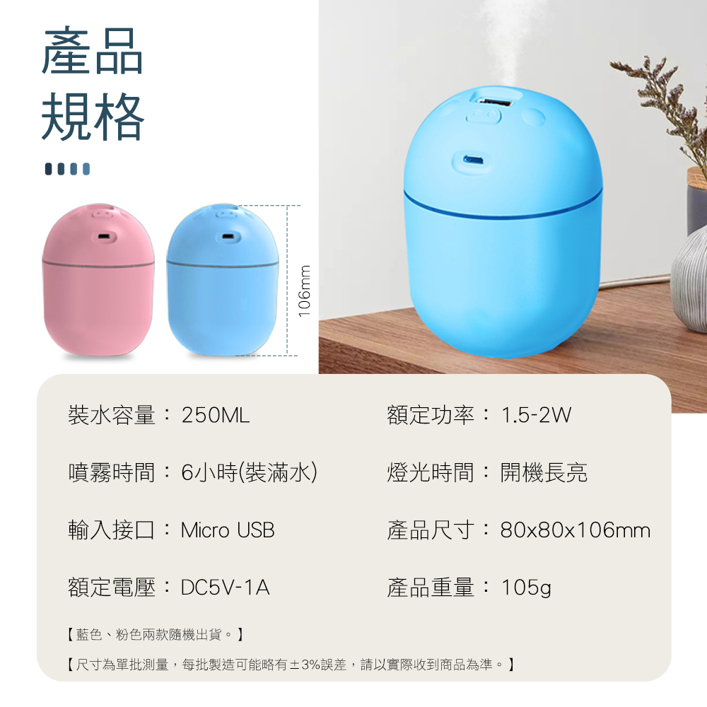 產品規格106mm裝水容量:250ML額定功率:1.5-2W噴霧時間:6小時(裝滿水)燈光時間:開機長亮輸入接口:Micro USB產品尺寸:80x80x106mm額定電壓:DC5V-1A產品重量:105g【藍色、粉色兩款隨機出貨。】【尺寸為單批測量,每批製造可能略有±3%誤差,請以實際收到商品為準。】