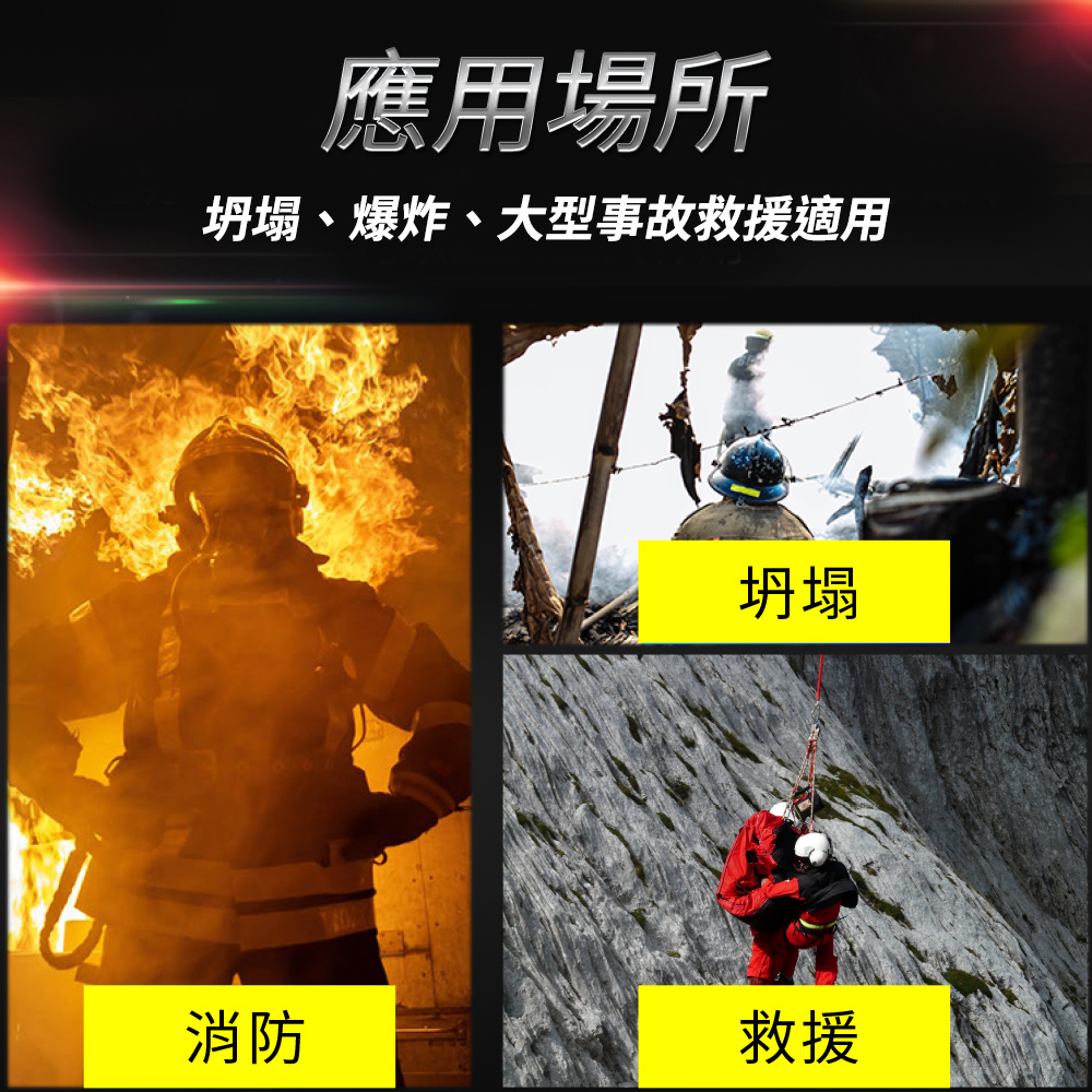 應用場所坍塌、爆炸、大型事故救援適用坍塌消防救援