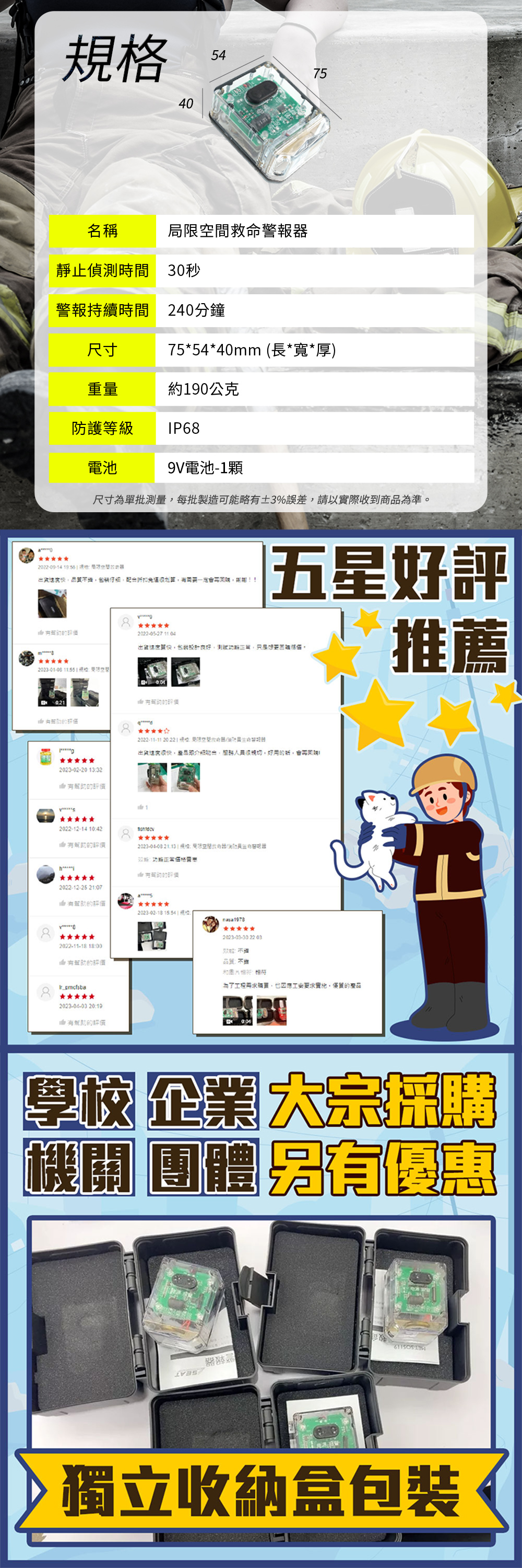 規格405475名稱間救命警報靜止偵測間 30秒警報持續時間 240分鐘尺寸75*54*40mm (長*寬*厚)重量90公克防護等級IP68電池9V電池-1顆尺寸為單批測量每批製造可能略3%誤差請以實際收到商品為準2022-09-14  約折扣五星評2022-05-27 11 04。推薦2023-01-08   2023-02-20 13322022-11-11 局限出貨好用12022-12-14 1042的2023-08-08  | 空的2022-12-25 2107的評價2023-02-18 15:2022-11-18 18:00的評價層2023-04-03 20:19有的好2023-03-30 ::為了時,,的產品學校 企業大宗採購機關團體優惠器獨立收納盒包裝