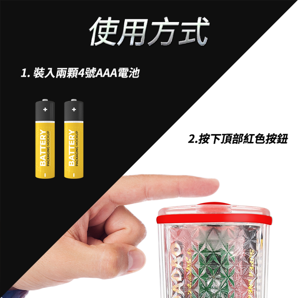 BATTERYPACKAGING MOCKUPBATTERYPACKAGING MOCKUP使用方式1.裝入兩顆4號AAA電池2.按下頂部紅色按鈕