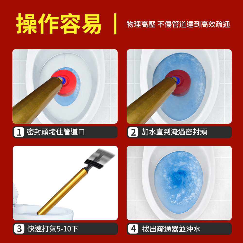 操作容易物理高壓 不傷管道達到高效疏通 密封頭堵住管道口 加水直到淹過密封頭 快速打氣5-10下 疏通器並沖水